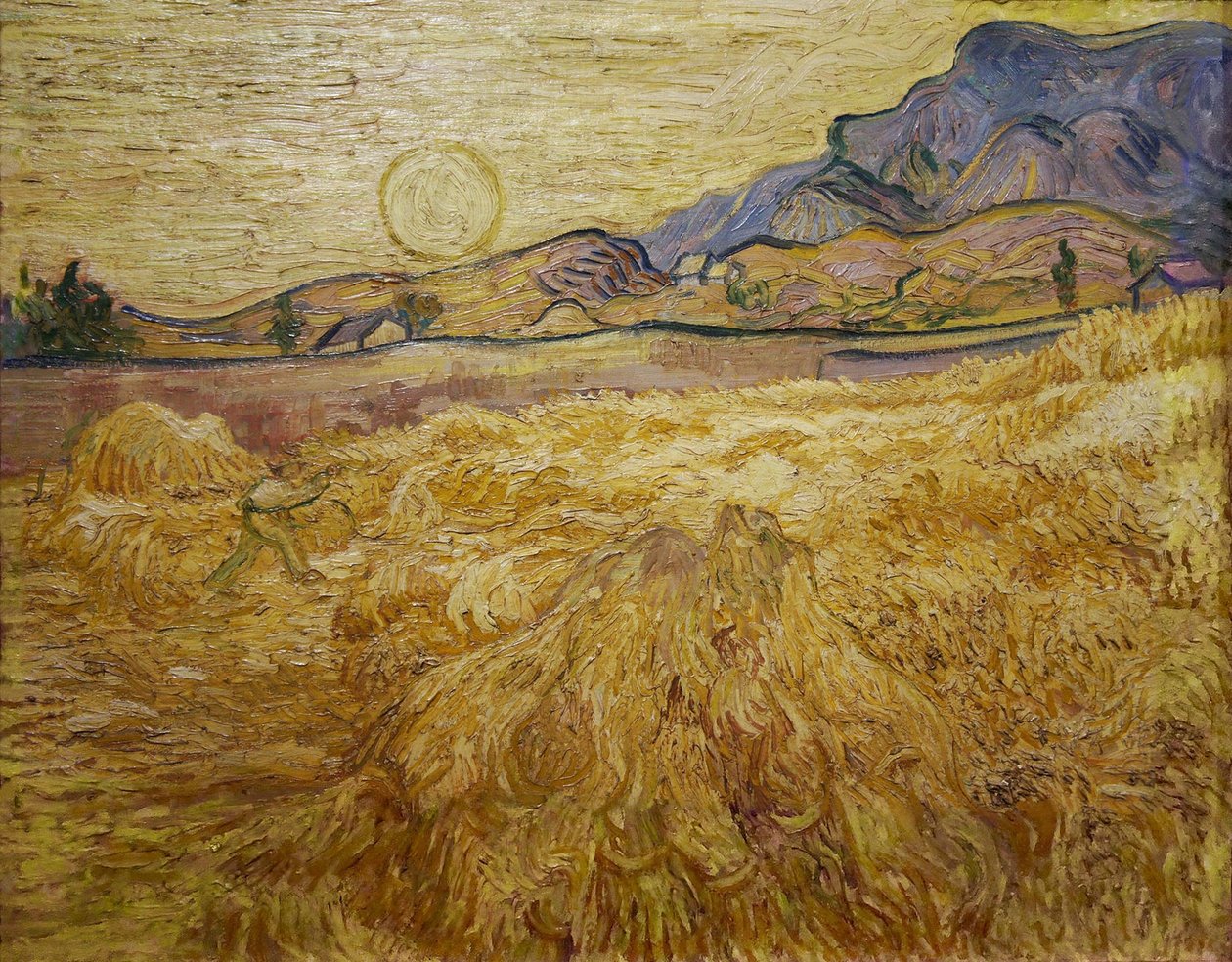 حقل قمح مع حصادة وشمس ، 1889. بواسطة فنسنت فان جوخ