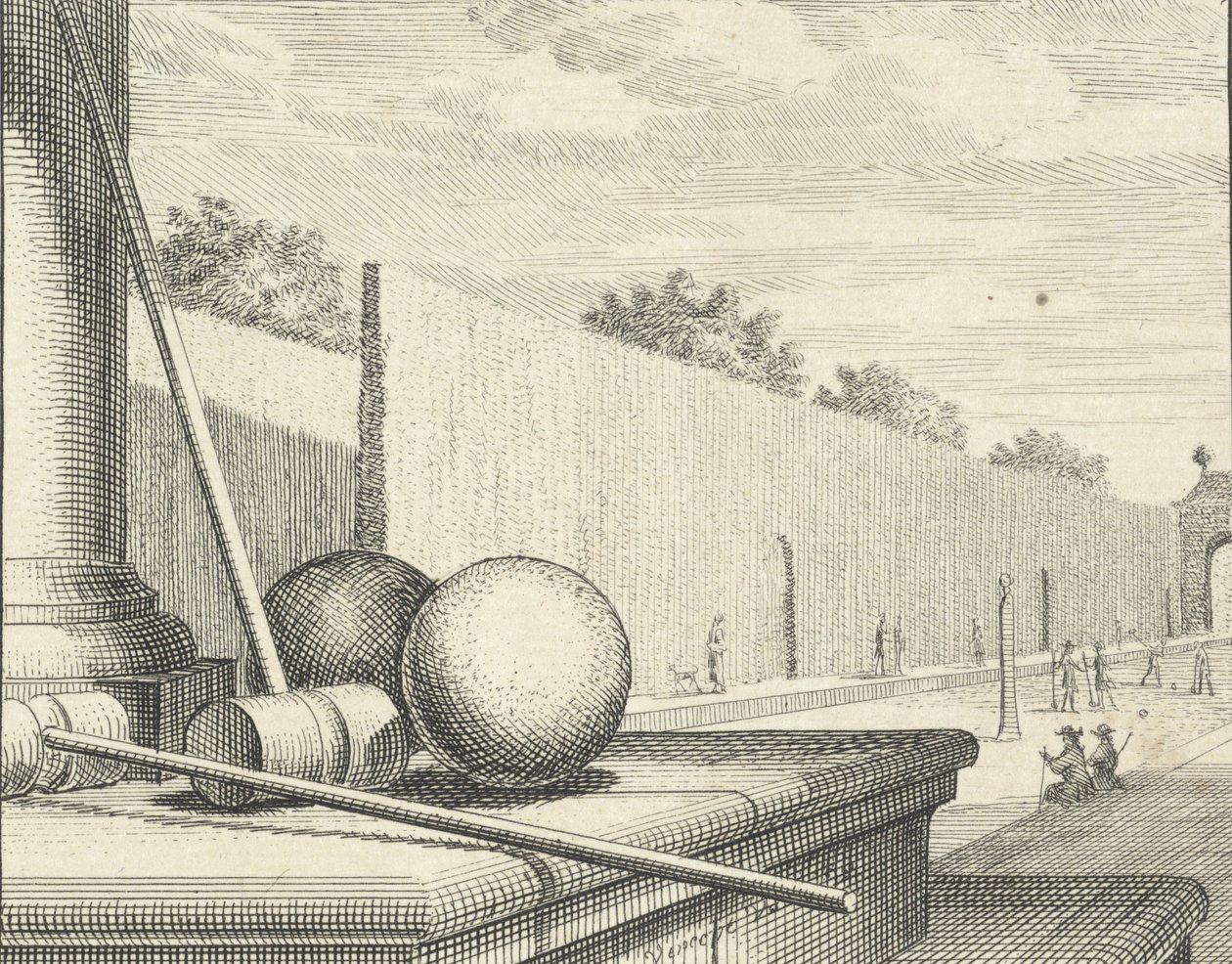سمات الكروكيه مع لاعبين الكروكيه في الخلفية ، 1714. بواسطة Vincent Laurensz Vinne van der