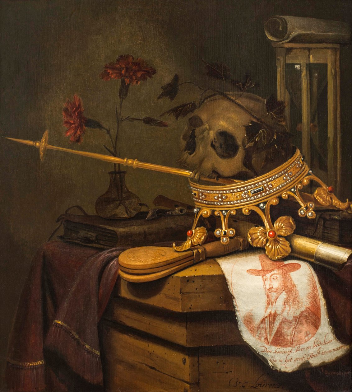 حياة Vanitas الساكنة مع جمجمة ، تاج ، صولجان ، فلوت ، منفاخ ، رملية ، قرنفل في إناء زجاجي ، تمرير ، كتاب وصورة منقوشة لتشارلز الأول بواسطة فنسنت لورنسز فان دير فين