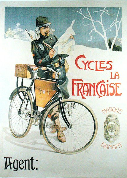 جندي مع دراجته يقرأ خريطة ، ملصق يعلن عن دورات "La Francaise" (لون ليثو) بواسطة فنسنت لورانت هايلبرون