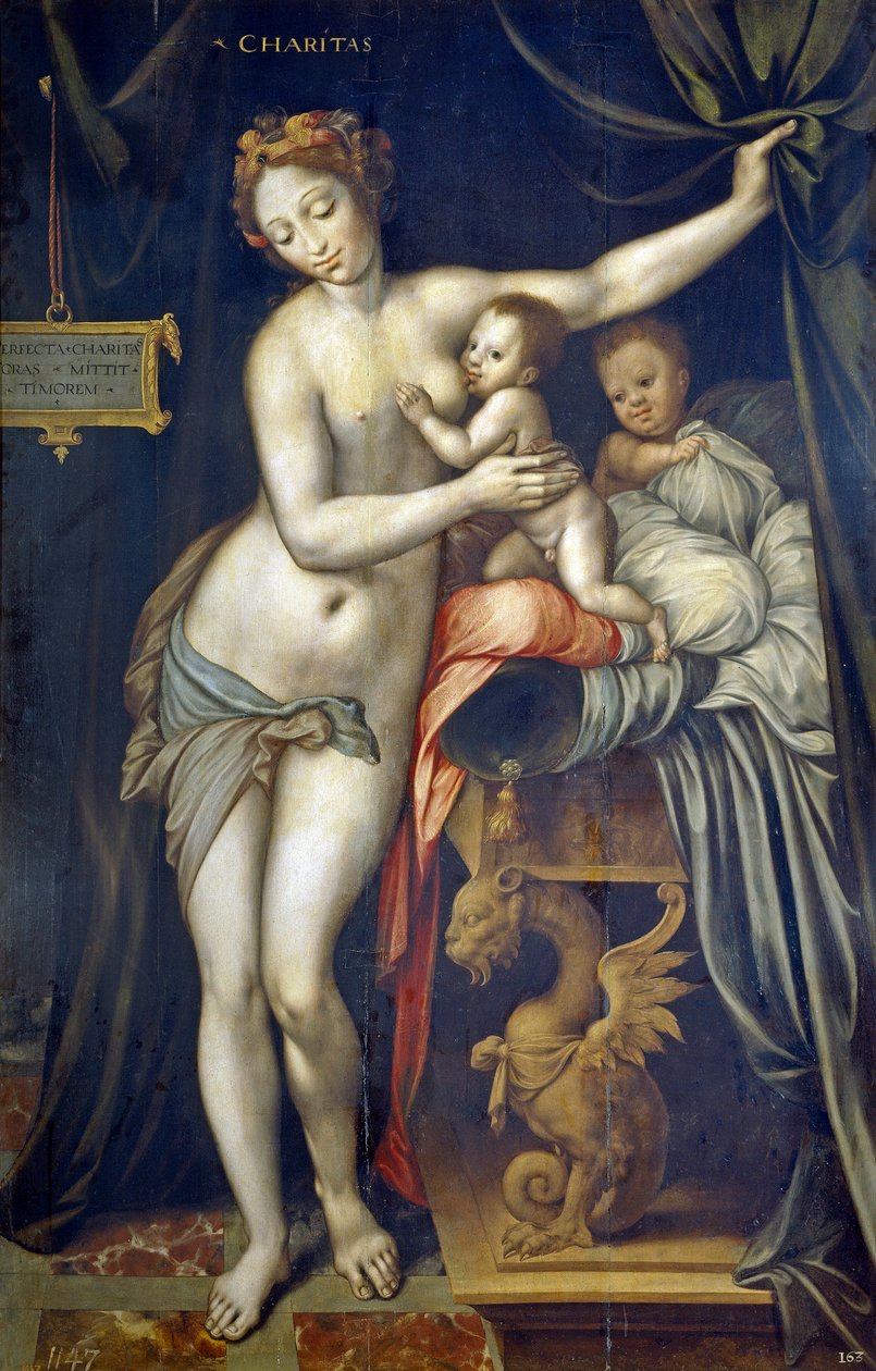 Charity par Vincent Sellaer (1490-1564)، حوالي 1555 - زيت على خشب بواسطة فنسنت سيلر