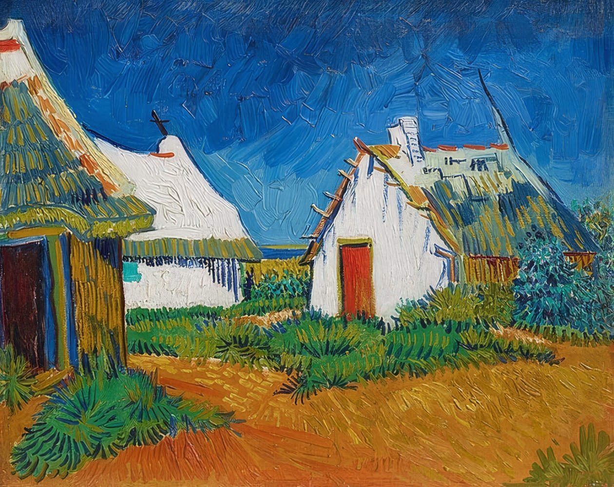 Drei weiße Hütten in Saintes-Maries (أكواخ بيضاء في Saintes-Maries). 1888 بواسطة فنسنت فان جوخ