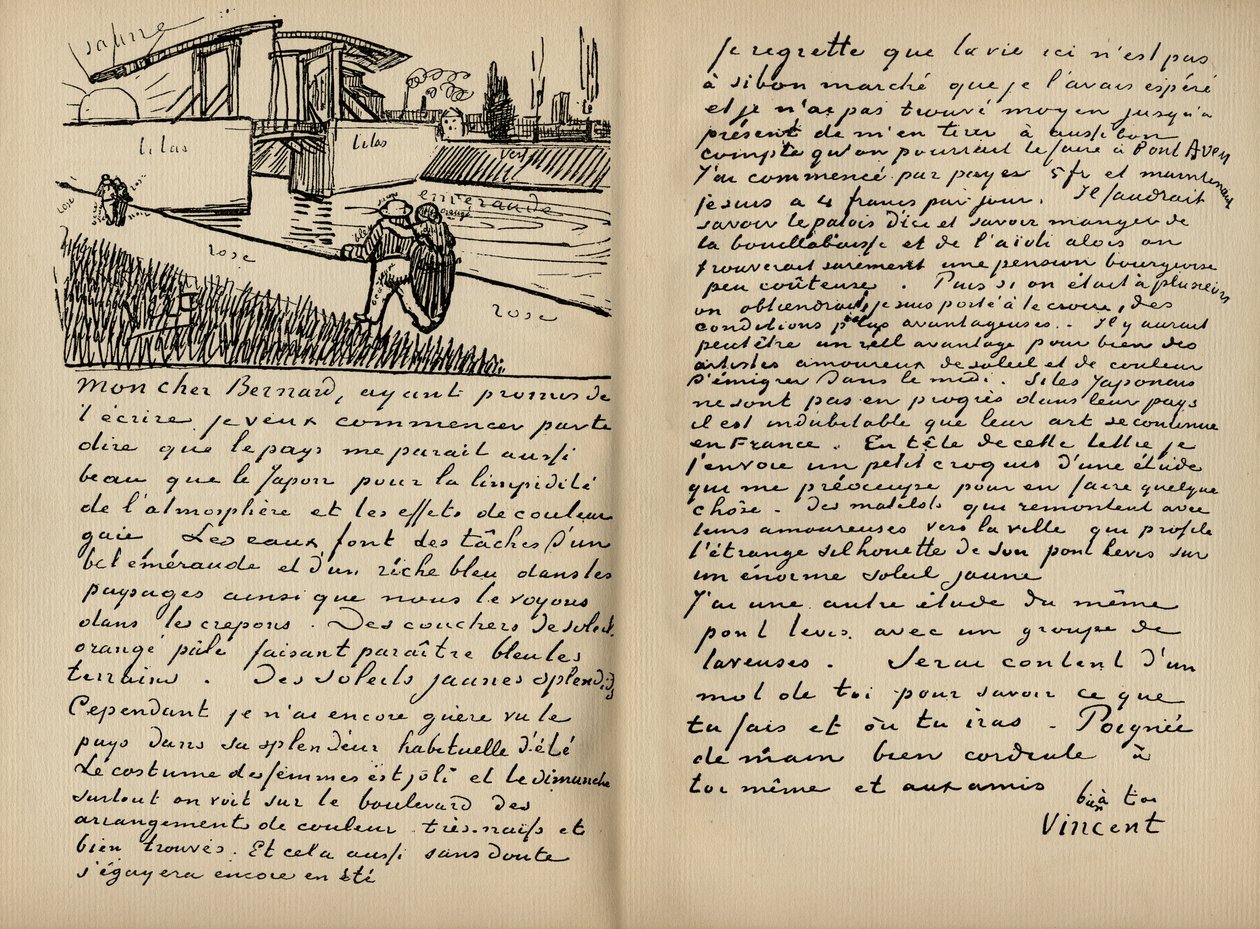 فاسمي لرسالة من فنسنت فان جوخ إلى إميل برنارد في 18 مارس 1888 ، من كتاب "فنسنت فان جوخ بقلم يوليوس ماير جريف ، نُشر عام 1912 (مطبوع) بواسطة فنسنت فان جوخ