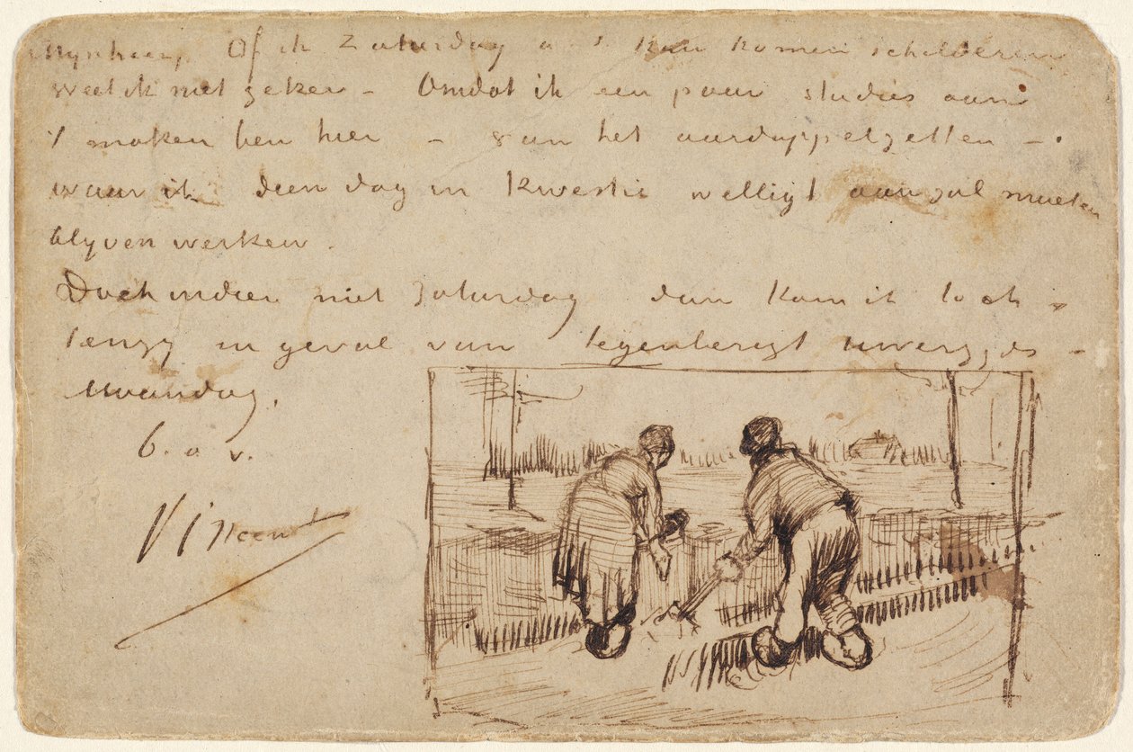 بطاقة بريدية بحفر اثنين من الفلاحين ، 1885 (قلم وحبر بني على بطاقة بريدية) بواسطة فنسنت فان جوخ