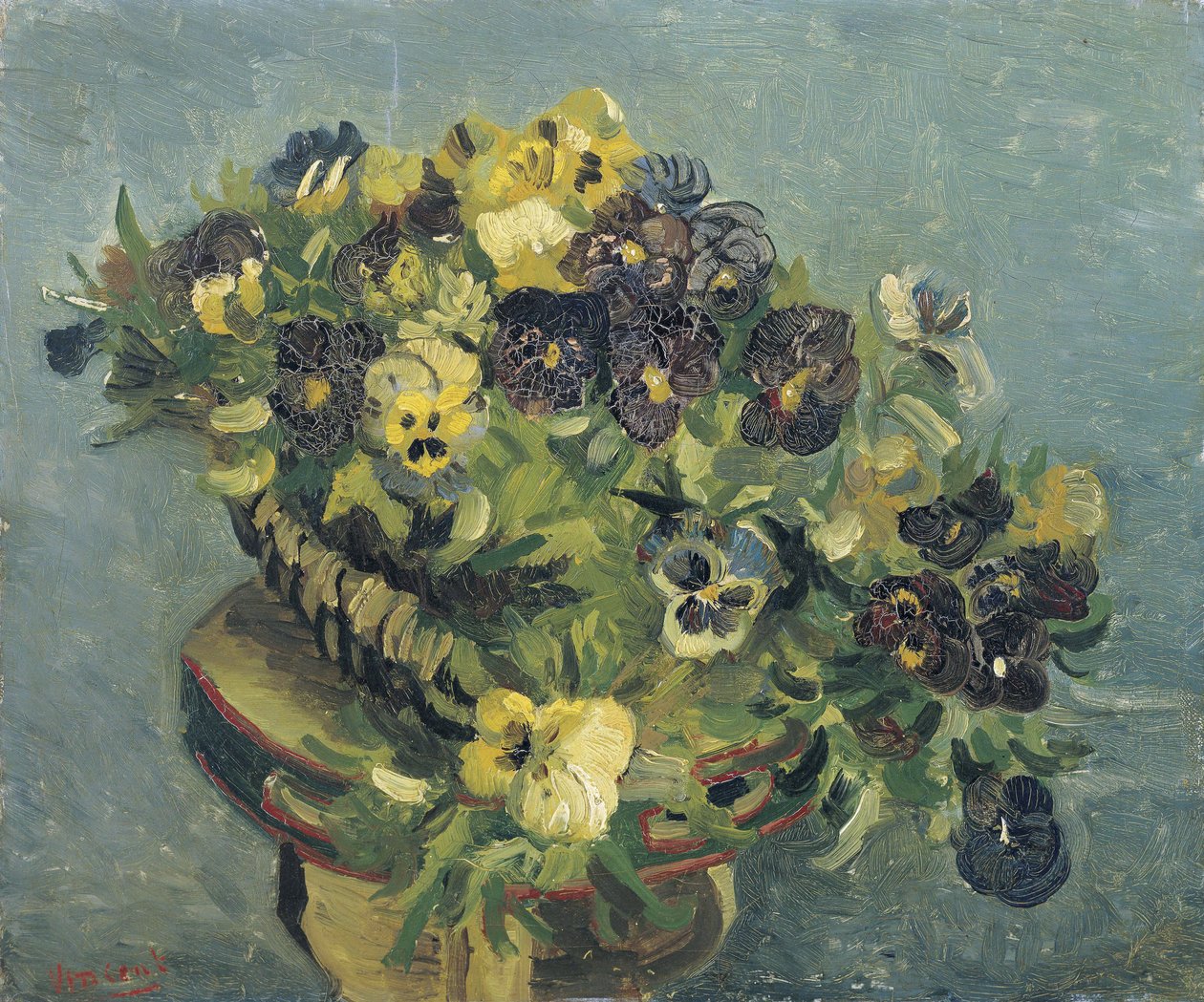 "Pot de pansies sur une petite table" (سلة زهور زهور على طاولة صغيرة) لوحة للفنسنت فان جوخ (1853-1890) 1887 خافت 46x55.5 سم متحف فان جوخ ، أمستردام بواسطة فنسنت فان جوخ