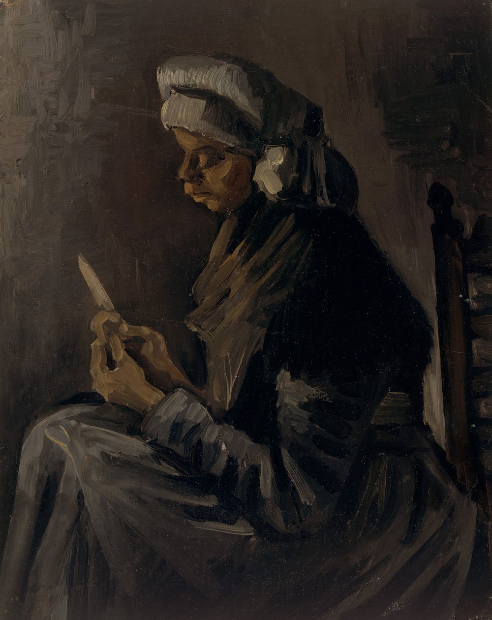 مقشرة البطاطس عكسي: صورة ذاتية مع قبعة من القش ، 1885. بواسطة فنسنت فان جوخ