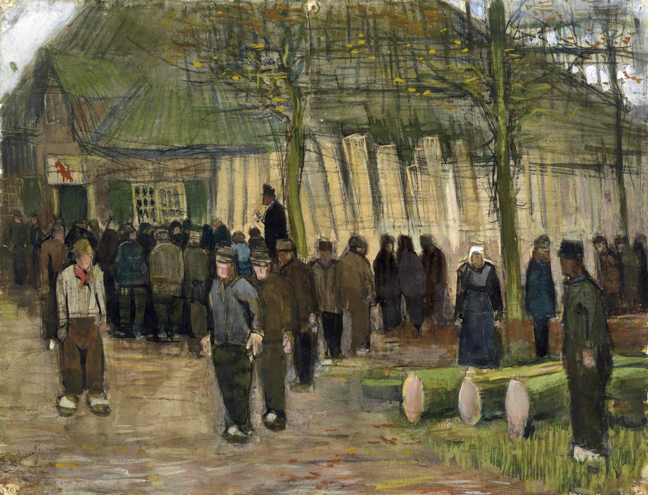 بيع الأخشاب (vente de bois) par Gogh، Vincent، van (1853-1890). طباشير ، ألوان مائية ، قلم وحبر على ورق ، مقاس: 34،9 × 44،8 بواسطة فنسنت فان جوخ