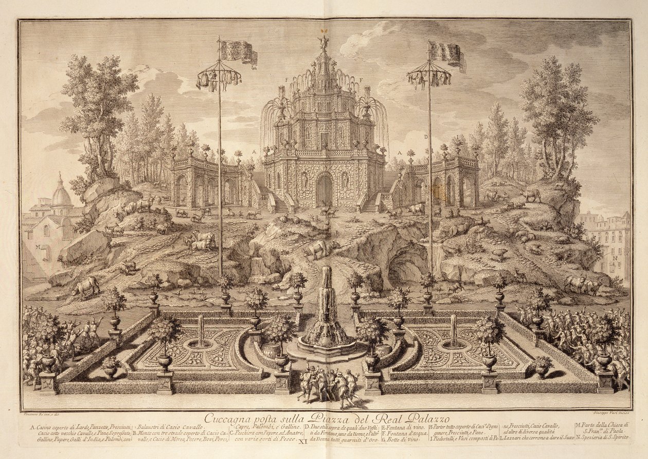 ال Cuccagna ، من Narrazione delle Solemni Reali Feste ، محفور بواسطة Giuseppe Vasi (1710-82) ، نشر 1749 بواسطة فينتشينزو دال ري