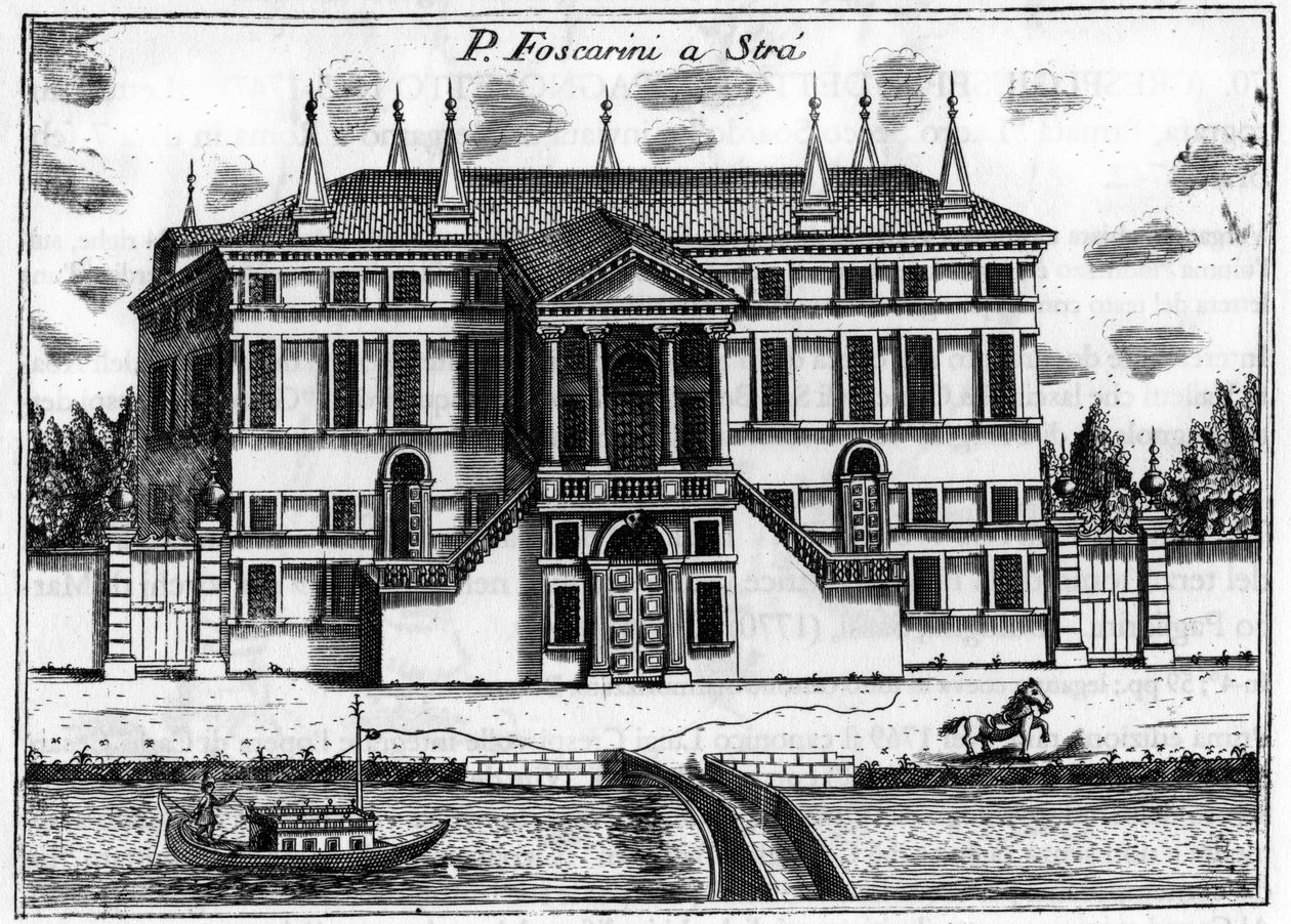 القصر (بالازو) فوسكاريني في سترا بالقرب من البندقية. في "" تفرد البندقية "لفينشنزو كورونيلي (1650-1718). بواسطة فينشنزو ماريا كورونيلي