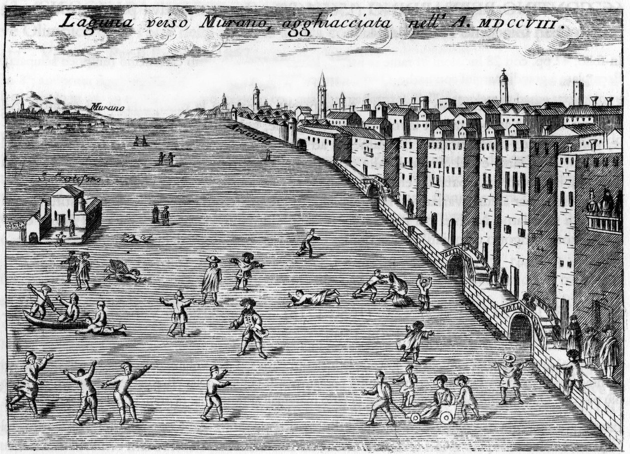 البندقية، إيطاليا. رحلة لوجون نحو جليد مورانو في عام 1708 في "" تفرد البندقية "بقلم فينتشنزو كورونيلي (1650-1718). بواسطة فينشنزو ماريا كورونيلي