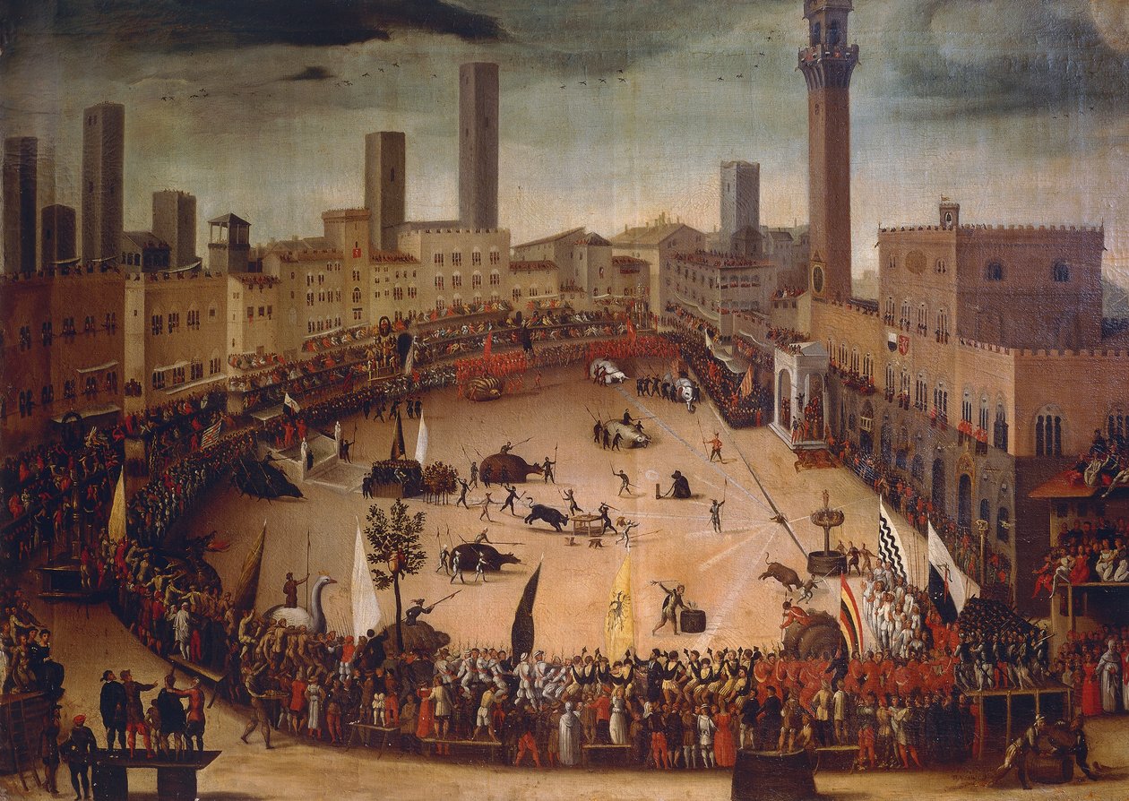 Bull hunting in Piazza del Campo in 1546, circa 1585, painting by Vincenzo Rustici (1556-1632), oil on canvas بواسطة فينتشينزو روستيتشي