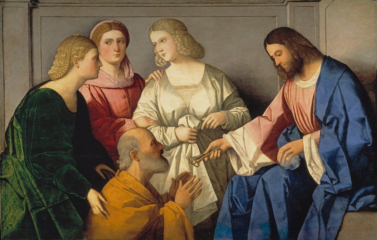 La Remise des clefs a Saint Pierre - Christ Giving the Keys to Saint Peter - Catena، Vincenzo di Biagio (حوالي 1470-1531) - ج. 1520 - زيت على خشب - 86x135 - متحف ديل برادو ، مدريد بواسطة فينتشينزو دي بياجيو كاتينا