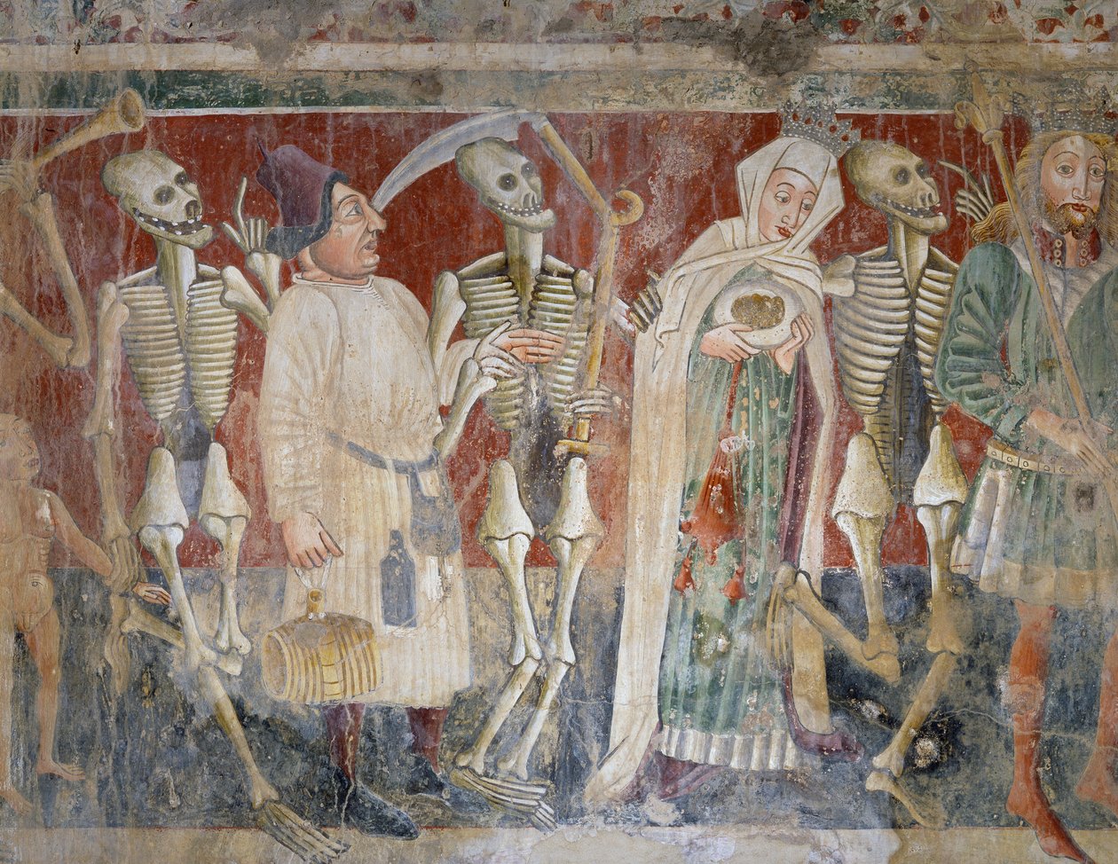 بالقرب من بازين ، ملكة وتاجر برفقة الموت ، رقصة الموت (1474) ، تفاصيل ، لوحة جدارية في كنيسة مقبرة كنيسة سانت ماري أوف روك ، بقلم فينتشنزو دا كاستوا ، بيرام ، استريا ، كرواتيا بواسطة فينسينزو دي كاستوا