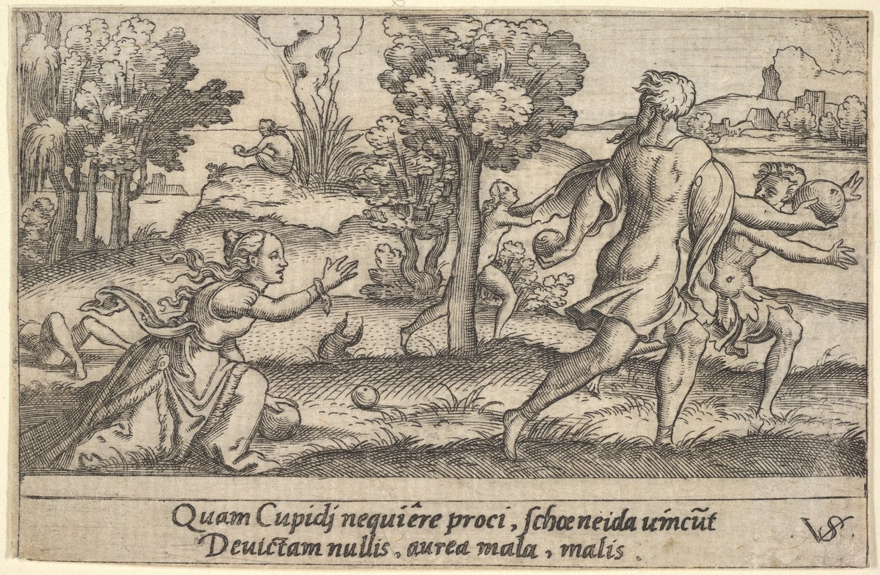 أتالانتا وهيبومينز ، في المقدمة أتالانتا راكعًا لالتقاط تفاحة و ... ، كاليفورنيا. 1535-62. بواسطة فيرجيل سوليس