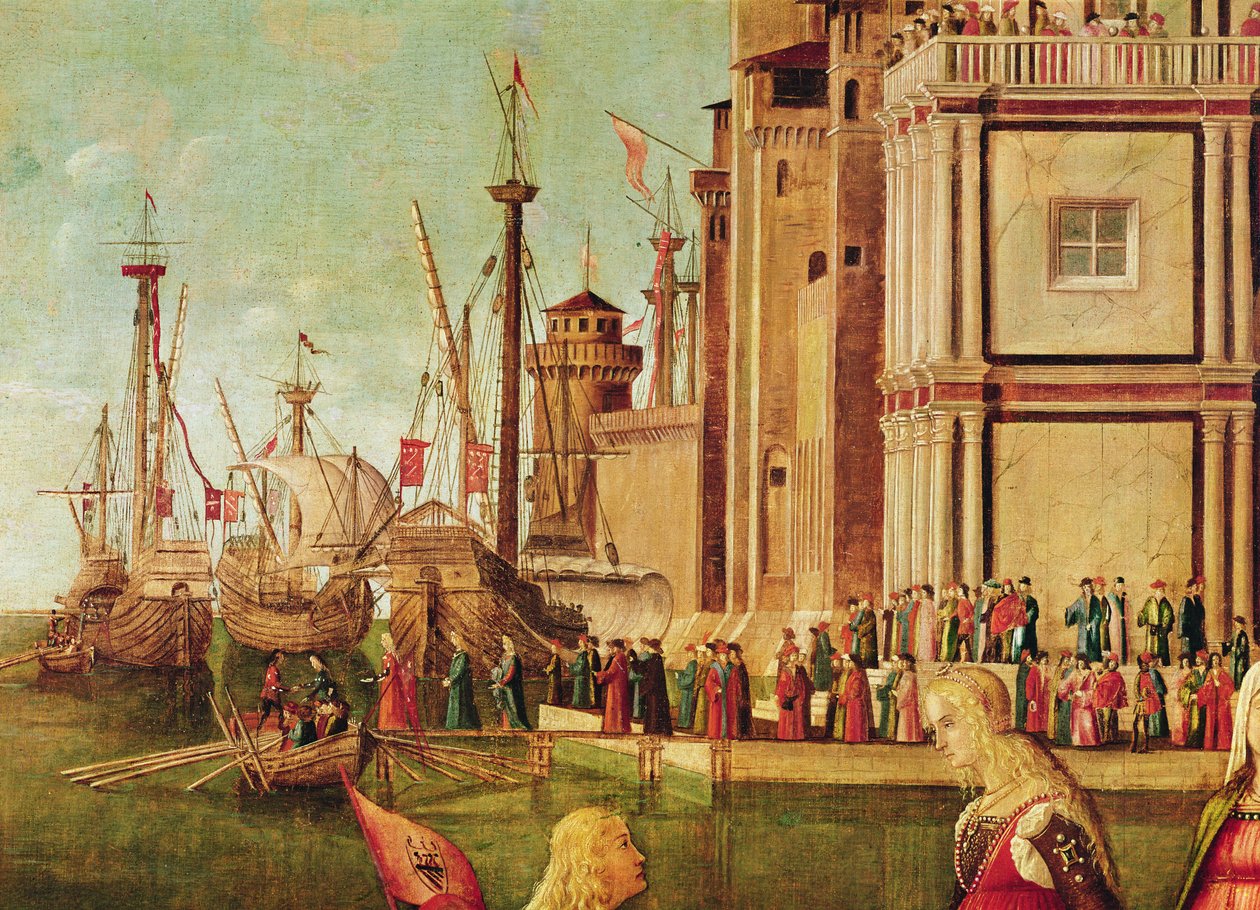 تفاصيل لقاء إثيريوس وأورسولا ومغادرة الحجاج ، من دورة القديس أورسولا ، 1490-96 (تفاصيل 56472) بواسطة فيتوري كارباتشيو