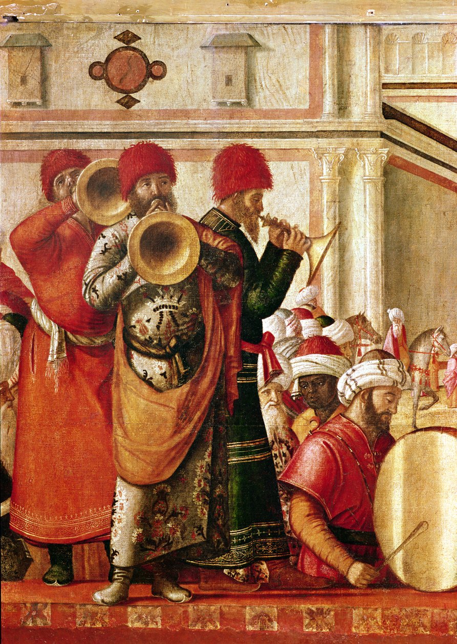 القديس جورج يعمد الوثنيين ، تفاصيل الموسيقيين على الجانب الأيسر ، 1501-07 بواسطة فيتوري كارباتشيو