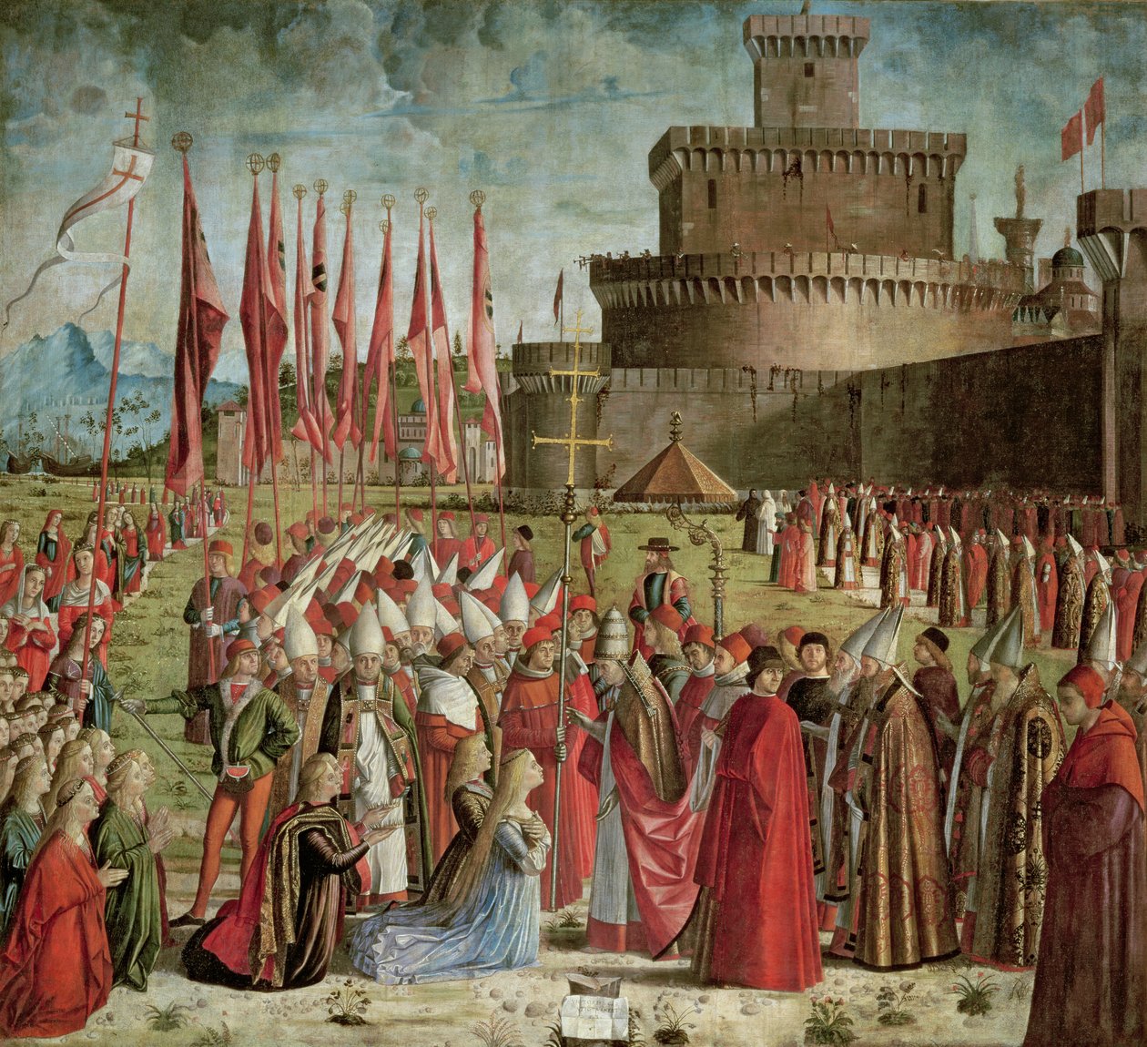 يلتقي الحجاج بالبابا سيرياك أمام أسوار روما ، من دورة سانت أورسولا ، 1498 بواسطة فيتوري كارباتشيو