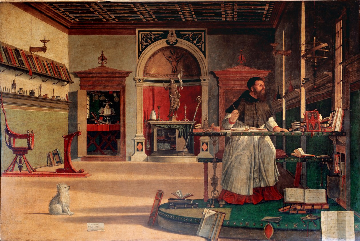 Saint Augustine in his office or “The vision of Saint Augustine” The eveque of Hippo is represented in a moment of great inspiration. Painting by Vittore Carpaccio (ca. 1460-1526) 1502-1507 Sun. 141x210 cm Venice, Scuola di San Giorgio degli Schiavoni بواسطة فيتوري كارباتشيو