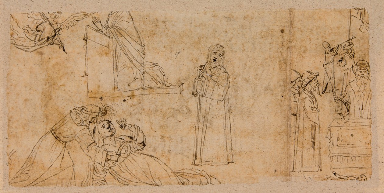 Studies for an annunciation; for the Martyrdom of St. Agatha; for a mourning Madonna (pen & ink over chalk on paper) (verso of 5933930) بواسطة فيتوري كارباتشيو