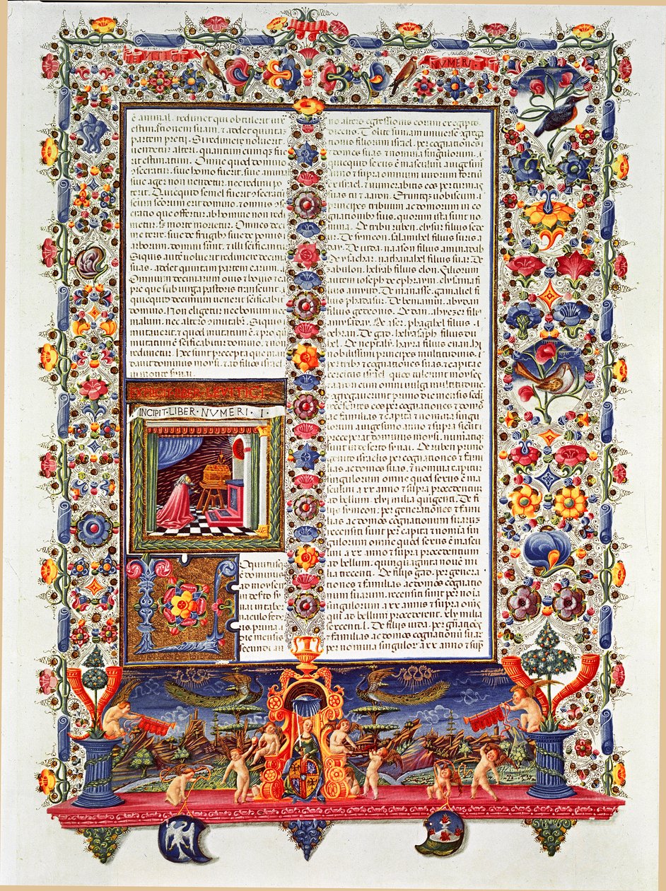 صفحة مخطوطة الكتاب المقدس لبورسو ديستي (1413-1471) (الكتاب المقدس ، كتاب الادعيه هرقل) (المجلد الأول ، سي 112 ص) منمنمات تاديو كريفلي (1425-1479) بواسطة فيتوريو كريفيلي