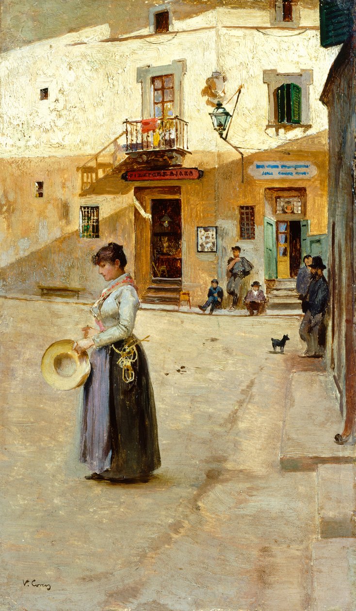 في المربع بواسطة فيتوريو ماتيو كوركوس (1859-1933) ، زيت على لوح ، 23 × 13 سم ، حوالي 1885 بواسطة فيتوريو ماتيو كوركوس