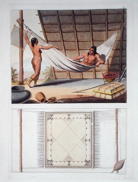 الداخلية المحلية ، قبيلة كاريب ، جزر الأنتيل الهولندية ، اللوحة 67 من "Le Costume Ancien et Moderne" بقلم Jules Ferrario ، نُشرت حوالي 1820s-30s (لون ليثو) بواسطة فيتوريو رينيري