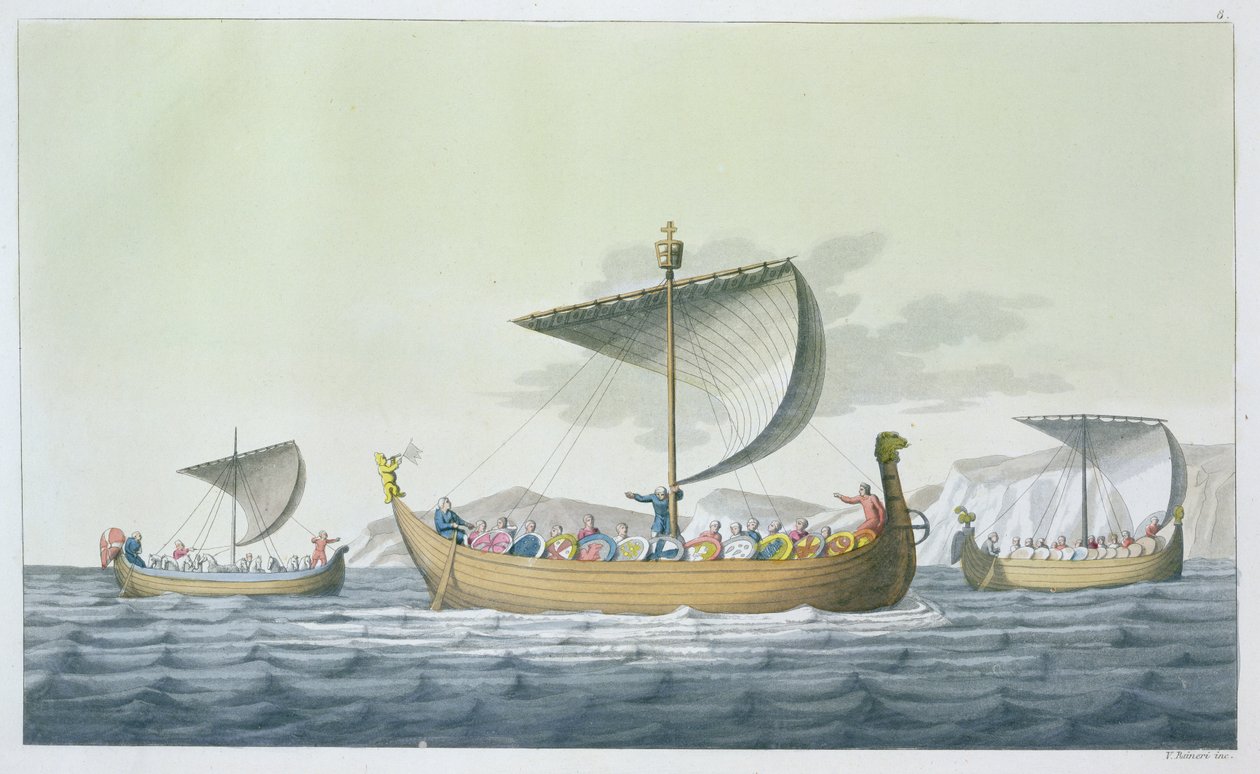أسطول وليام الفاتح ، 1066 ، اللوحة 8 من "Le Costume Ancien et Moderne" لجول فيراريو ، نُشرت في 1820s-30 بواسطة فيتوريو رينيري