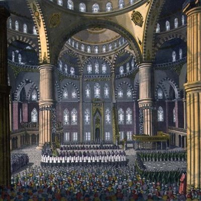 الاحتفال بعيد ميولود في مسجد السلطان أحمد ، اللوحة 41 من الجزء الثالث ، المجلد الأول من `` تاريخ الأمم '' ، نقش الفنان (أكواتينت) بواسطة فيتوريو رينيري