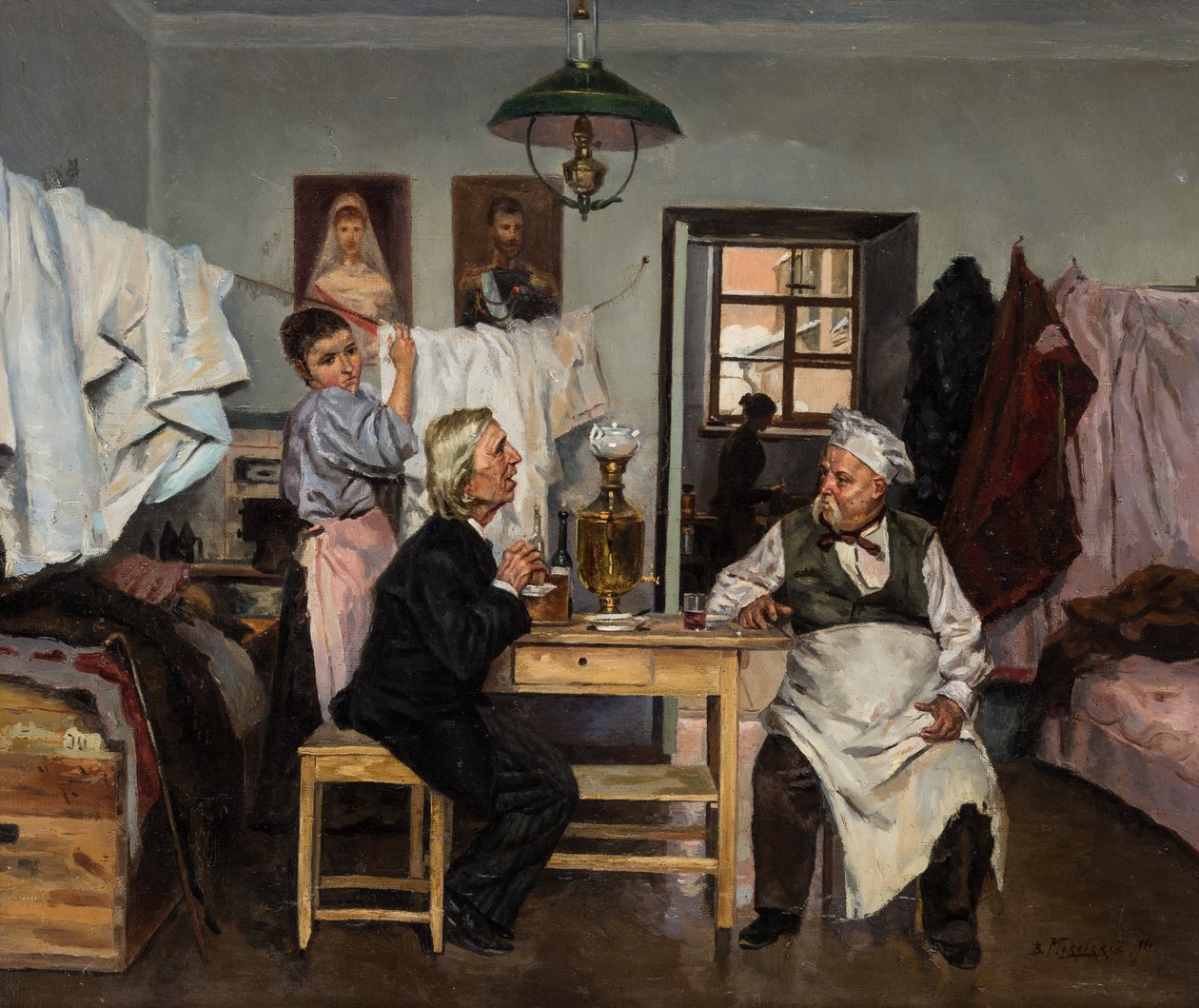 في السماور ، بواسطة ماكوفسكي ، فلاديمير إيغوروفيتش (1846-1920). زيت على قماش بواسطة فلاديمير إيغوروفيتش ماكوفسكي