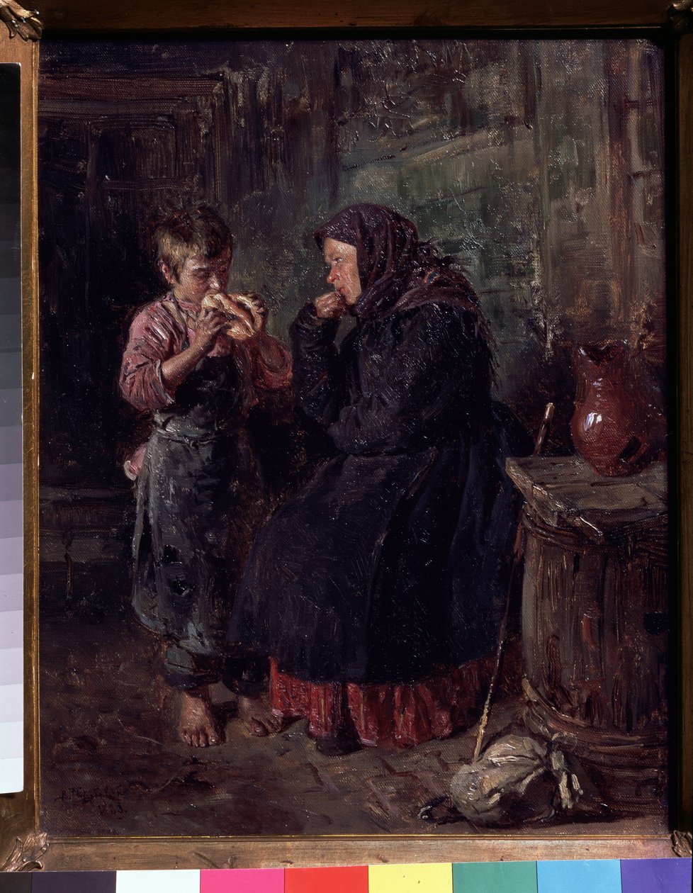 لم الشمل (لم الشمل). أم أتت لزيارة طفلها ، وكانت تسحب العصا والحزمة على الأرض ، وما زالت ترتدي معطفها ووشاحها على رأسها وتلتهم ابنها بعينها وهو يأكل نوعًا من البريوش. هو حافي القدمين بواسطة فلاديمير إيغوروفيتش ماكوفسكي