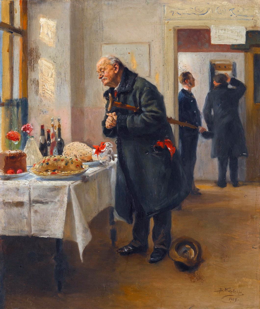 "A gourmet" (خبير الطعام) رجل يفرك يديه أمام بوفيه جيد - رسم لفلاديمير ماكوفسكي (ماكوفسكي) (1846-1920) بواسطة فلاديمير إيغوروفيتش ماكوفسكي