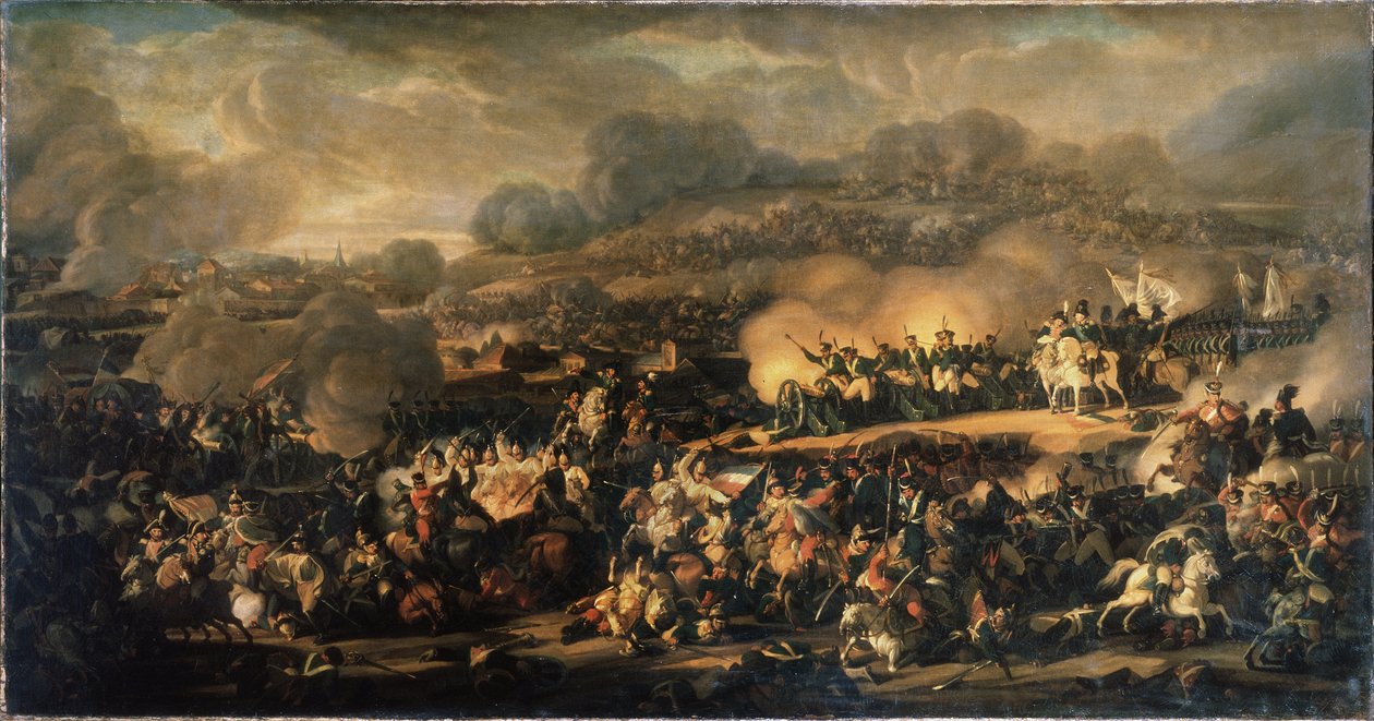 La Bataille des Nations a Leipzig (ألمانيا) في أكتوبر 1813. (معركة الأمم في لايبزيغ في أكتوبر 1813). تُعرف أيضًا باسم معركة لايبزيغ ، وكانت أكبر هزيمة يتعرض لها نابليون غراند أرمي (1769-1821). لوحة فلاديمير الأول بواسطة فلاديمير إيفانوفيتش موشكوف
