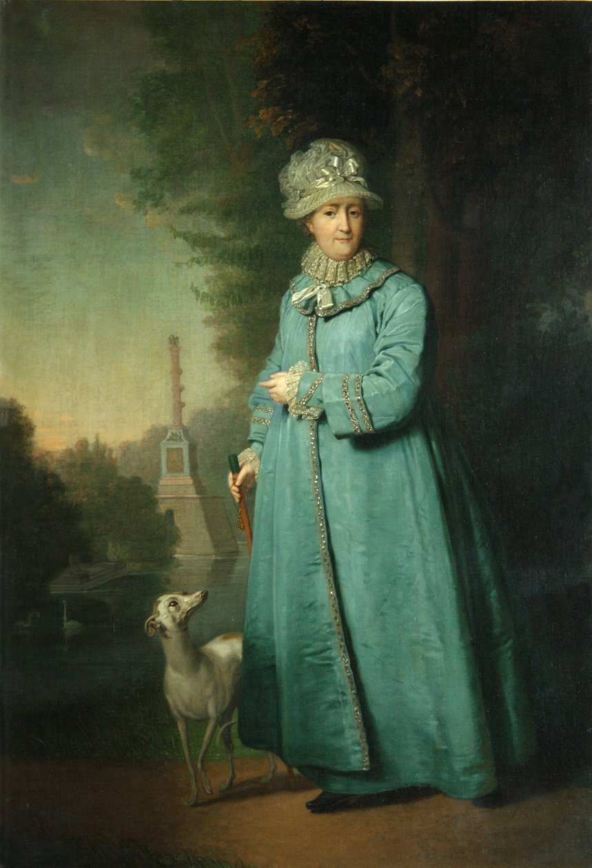 تتجول كاترين الثانية في الحديقة في Tsarskoye Selo مع عمود Chesme في الخلفية ، 1794 بواسطة فلاديمير لوكيش بوروفيكوفسكي