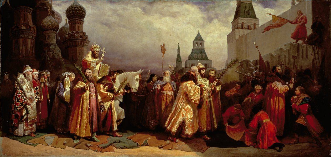 أحد الشعانين في موسكو مع القيصر أليكسي ميخائيلوفيتش (1629-76) في موكب بطريركي ، 1865 بواسطة فياتشيسلاف جريجوريفيتش شفارتس
