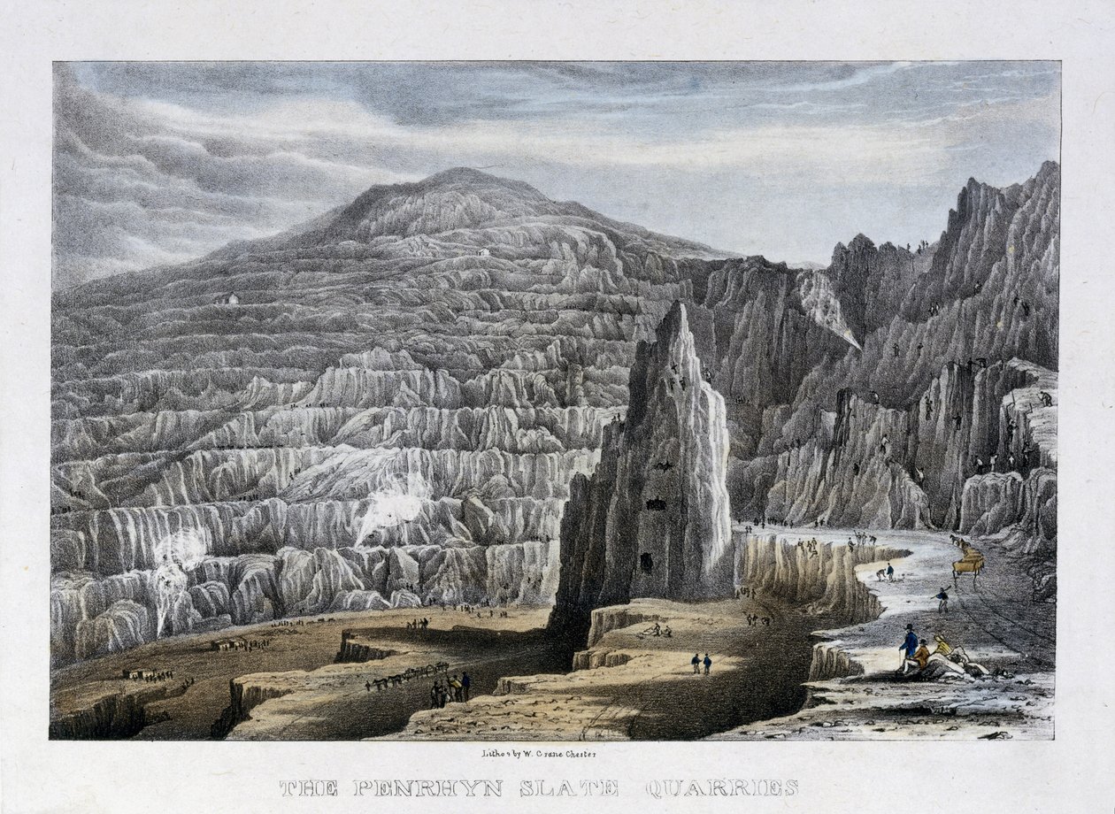 محاجر Penrhyn Slate ، 1842 (ليثو ملون يدويًا) بواسطة والتر كرين