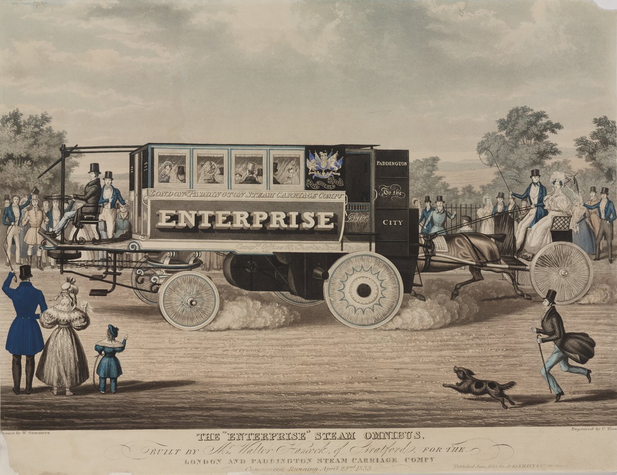 Omnibus Enterprise Steam ، الذي بناه السيد Walter Hancock من شركة Stratford ، لصالح شركة London and Paddington Steam Carriage ، التي نقشها C. Hunt ، 1833 بواسطة دبليو سامرز