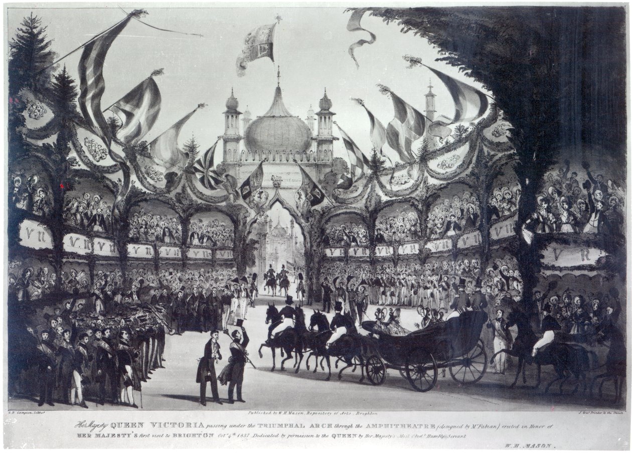 أول زيارة للملكة فيكتوريا إلى برايتون ، نقشها جورج بريانت كامبيون ، 1837 بواسطة WH Mason