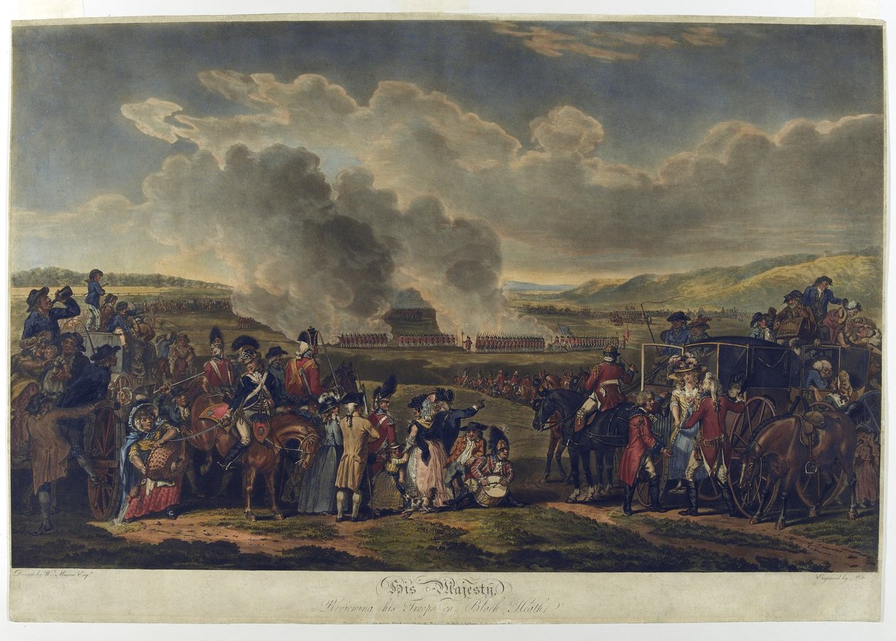 جلالة استعراض القوات على بلاك هيث ، 1787 ، محفور بقلم ر. بولارد ، طبع 1797 (مائي محفور) بواسطة WH Mason