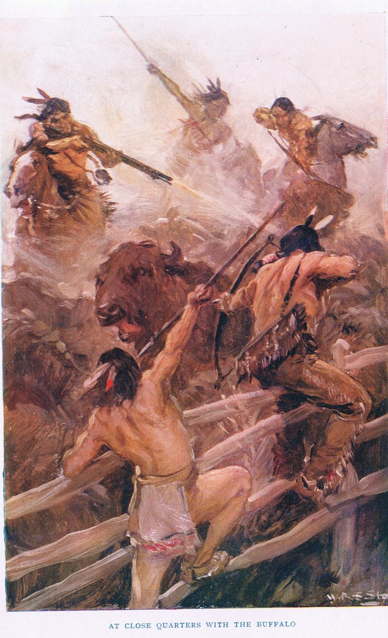في الأحياء القريبة مع الجاموس ، رسم توضيحي من "The Romance of Canada" (لون ليثو) بواسطة WRS Stott