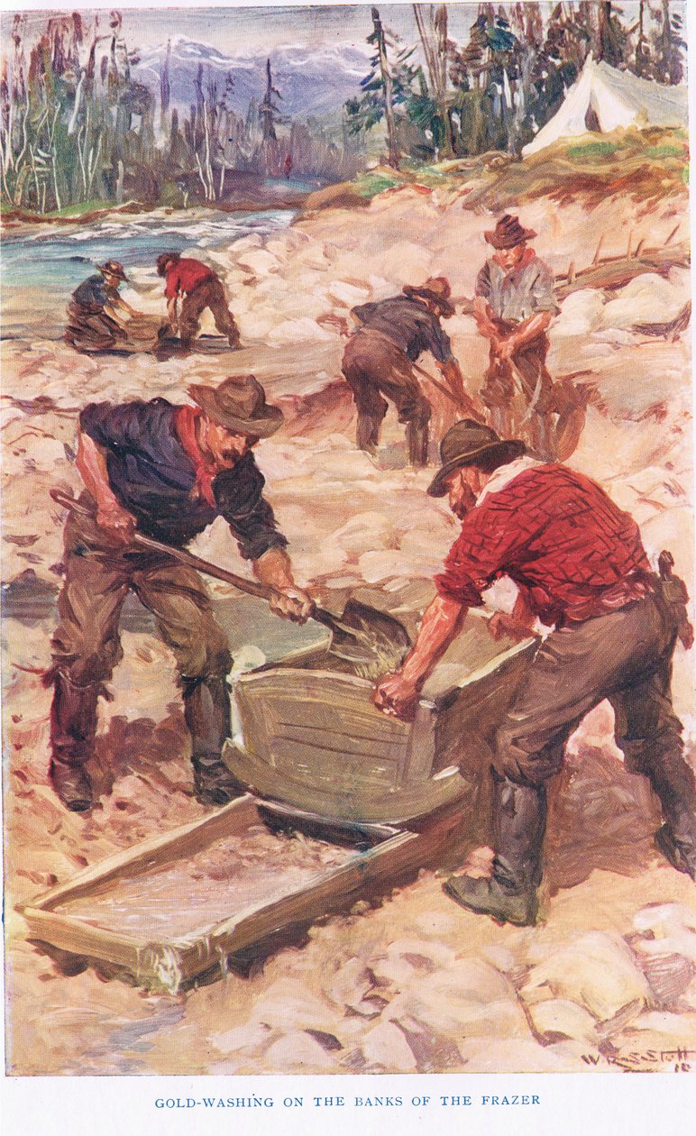 غسيل الذهب على ضفاف نهر فريزر ، رسم توضيحي من "The Romance of Canada" (لون ليثو) بواسطة WRS Stott
