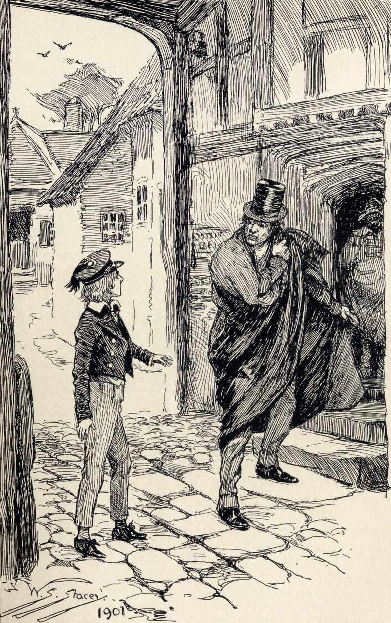 يواجه أوليفر غريبًا غامضًا ، من فيلم The Adventures of Oliver Twist بقلم تشارلز ديكنز ، 1901 بواسطة WS Stacey