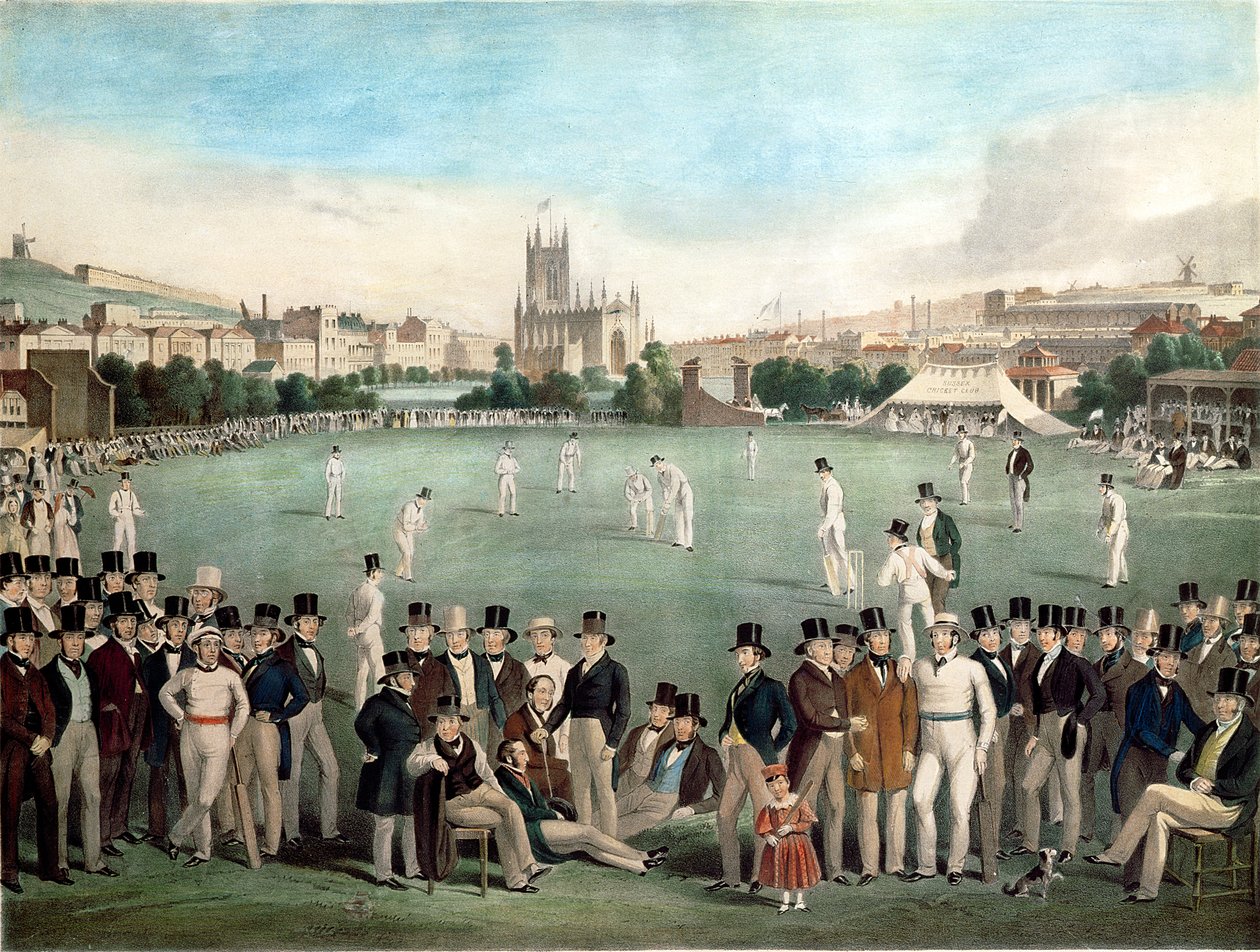 مباراة كريكيت بين ساسكس وكينت في عام 1840 ، نشرها S. Lipschitz ، لندن ، حوالي عام 1849 (نقش ملون) بواسطة دبليو وباسيبي تشارلز (بعد) دروموند