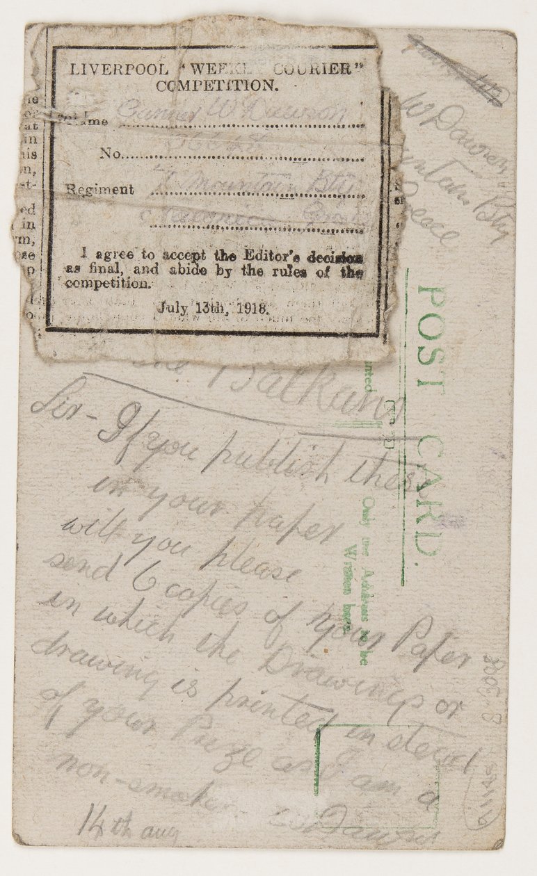بطاقة بريدية لمحرر Liverpool Weekly Courier ، 14 أغسطس 1918 (قلم رصاص على بطاقة بريدية) بواسطة دبليو داوسون
