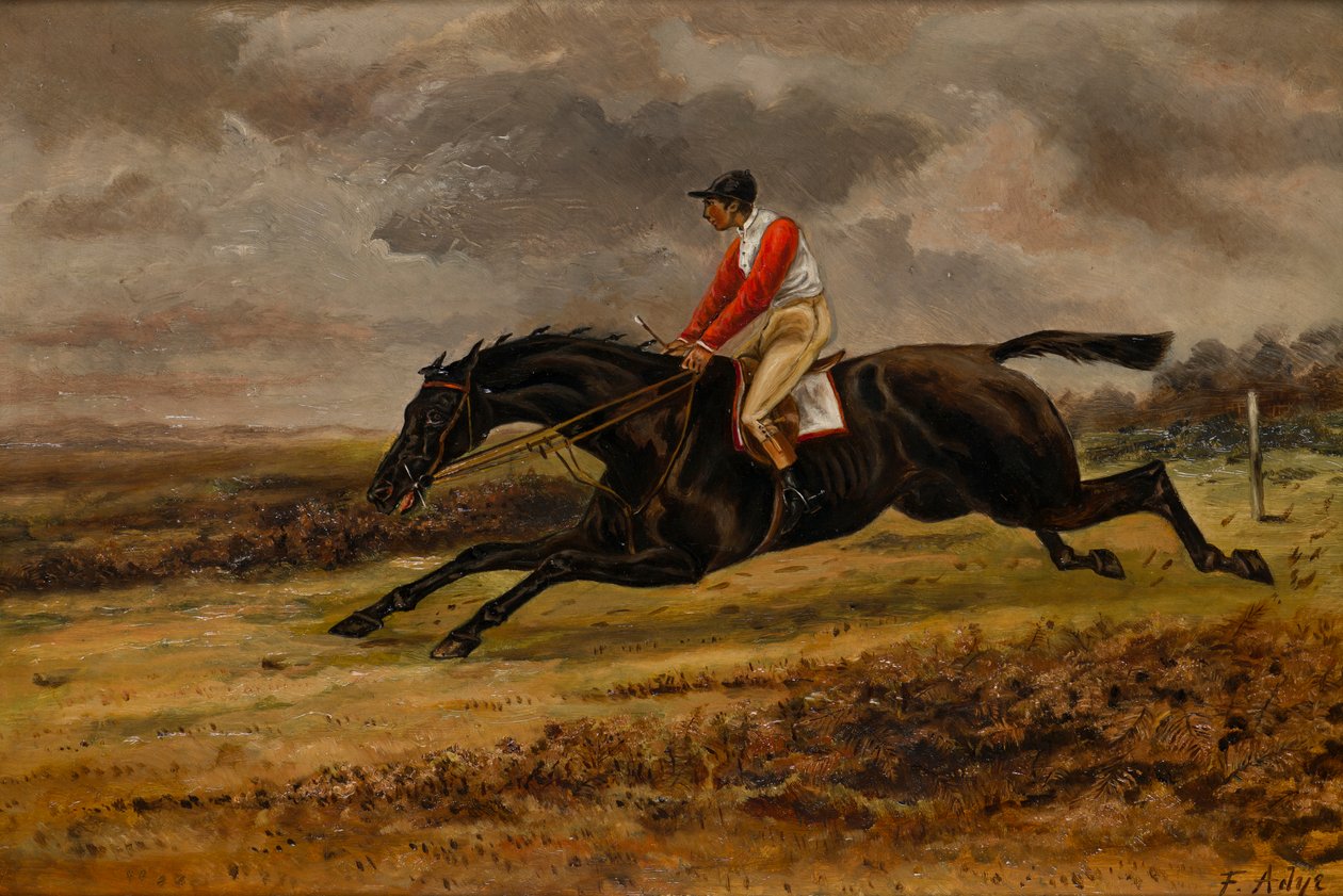 حصان راكض مع الفارس ، يرتدي ألوان سباق برادفورد ، حوالي 1839-98 (زيت على قماش) بواسطة WF Adye