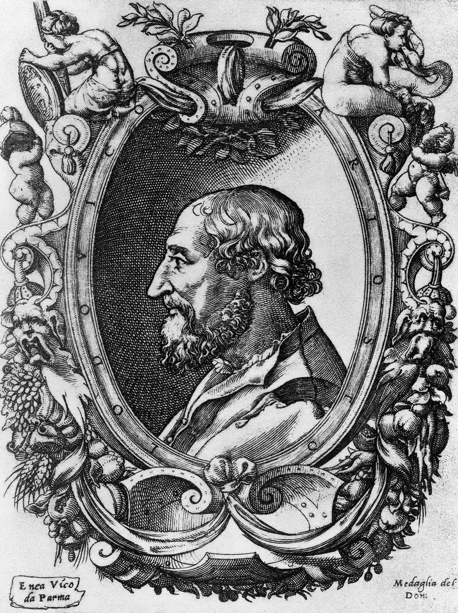 Portrait of Ludovico Ariosto (1474-1533), Italian poet and playwright, Medaglie del Doni, engraving by Enea Vico (1523-1567) بواسطة WG (بعد) ثاير