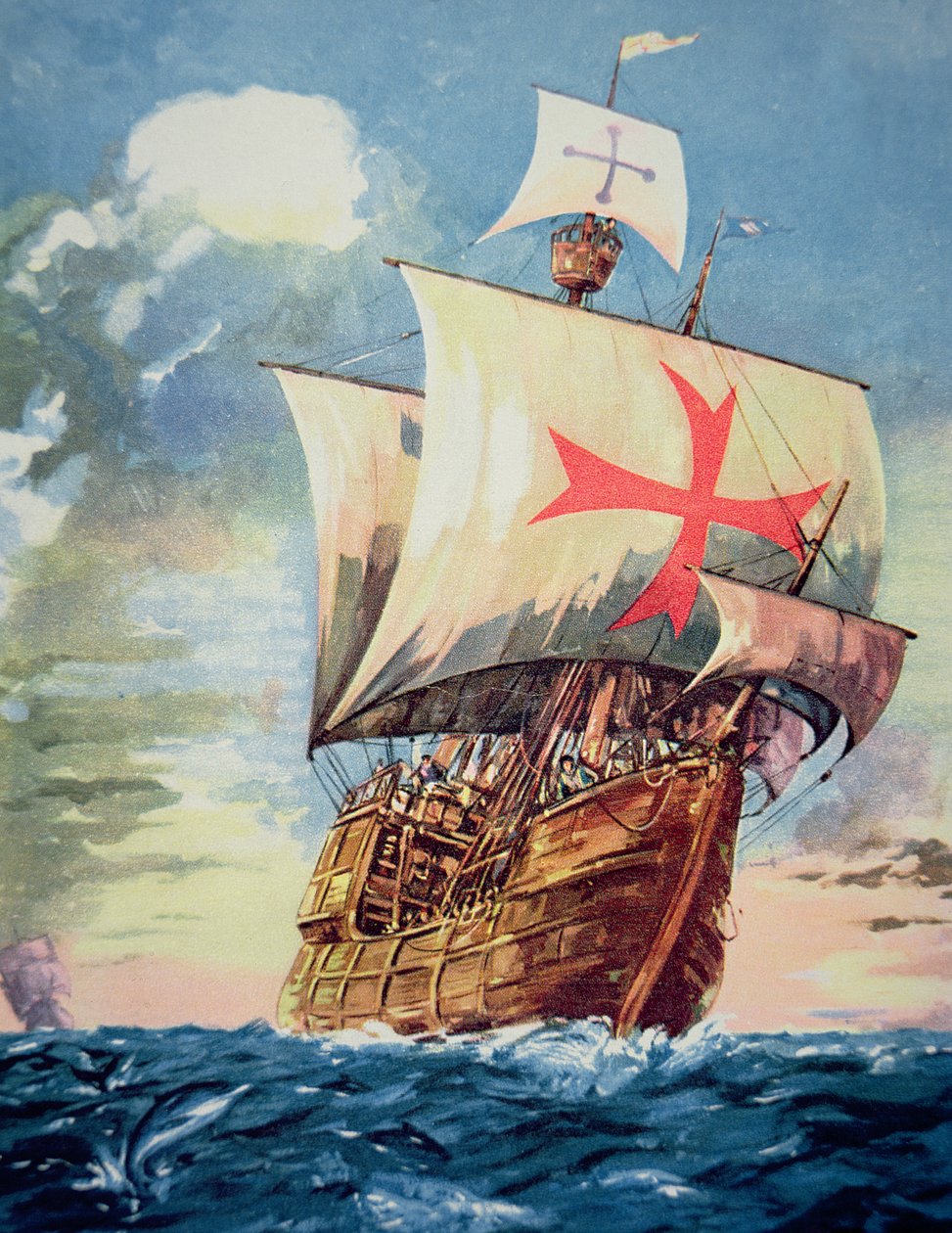 The Santa Maria taking Christopher Columbus to the Americas in 1492 (colour litho) بواسطة WG (بعد) ثاير