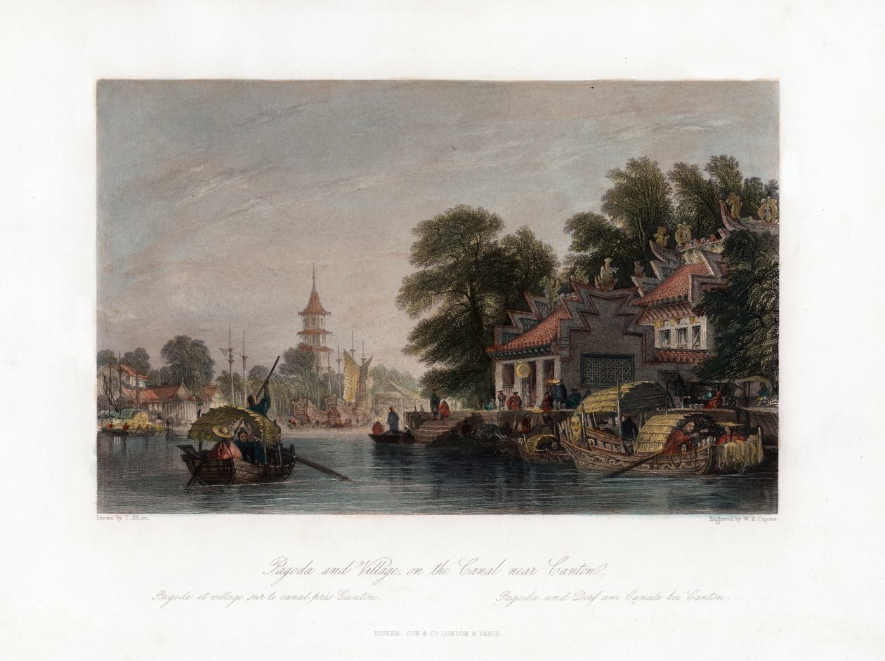 معبد وقرية ، على القناة بالقرب من كانتون ، الصين ، c1840. بواسطة WH كابوني