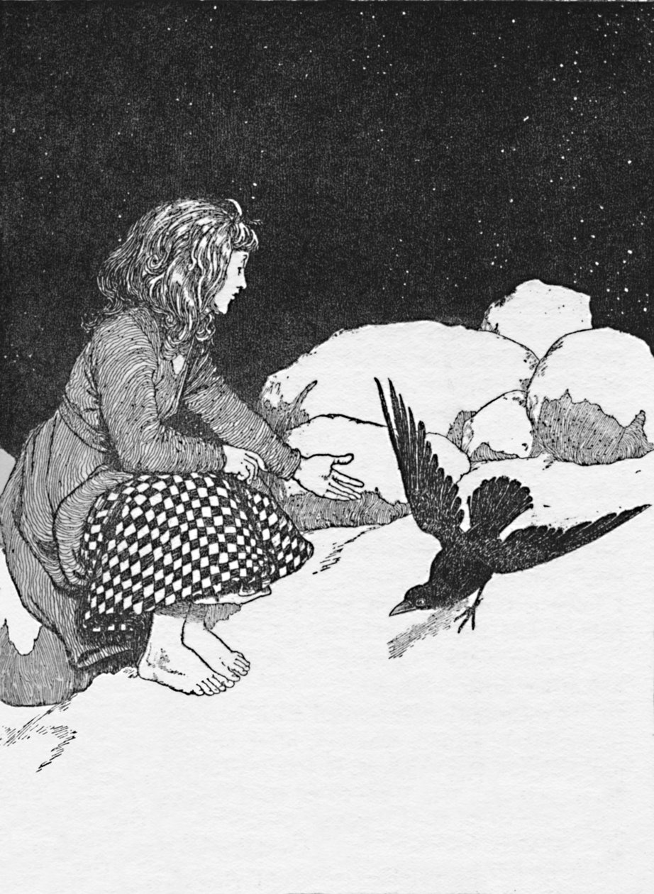 فجأة قفزت غراب كبير فوق الثلج أمامها ، c1930 بواسطة وليام هيث روبنسون
