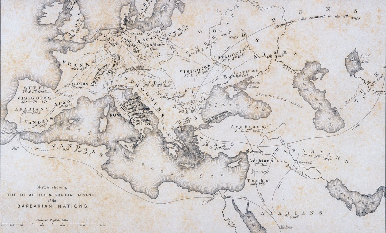 المواقع والتقدم التدريجي للأمم البربرية ، c.1850 بواسطة دبليو هيوز