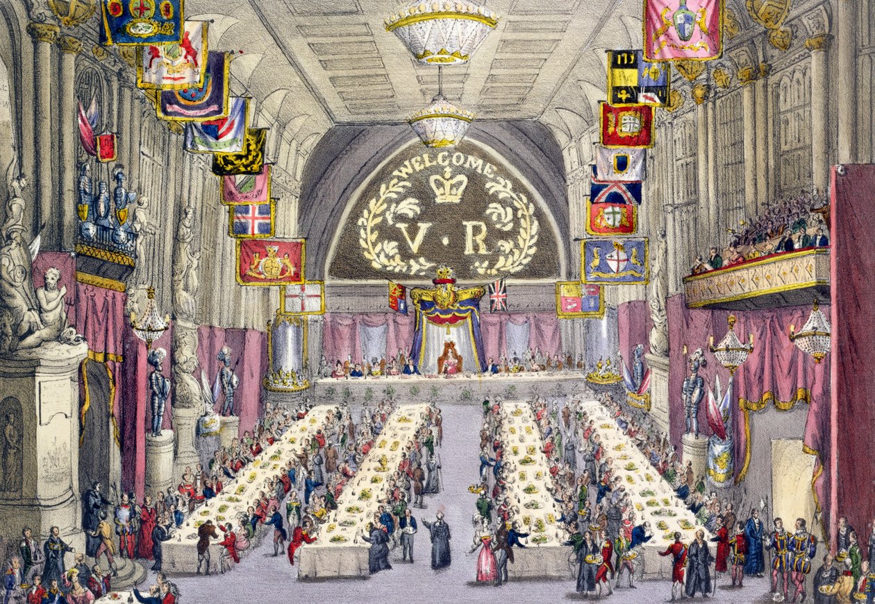 The Common Crier يعلن نخب الصحة للملكة فيكتوريا في مأدبة أقيمت في Guildhall ، 1837 بواسطة دبليو ليك